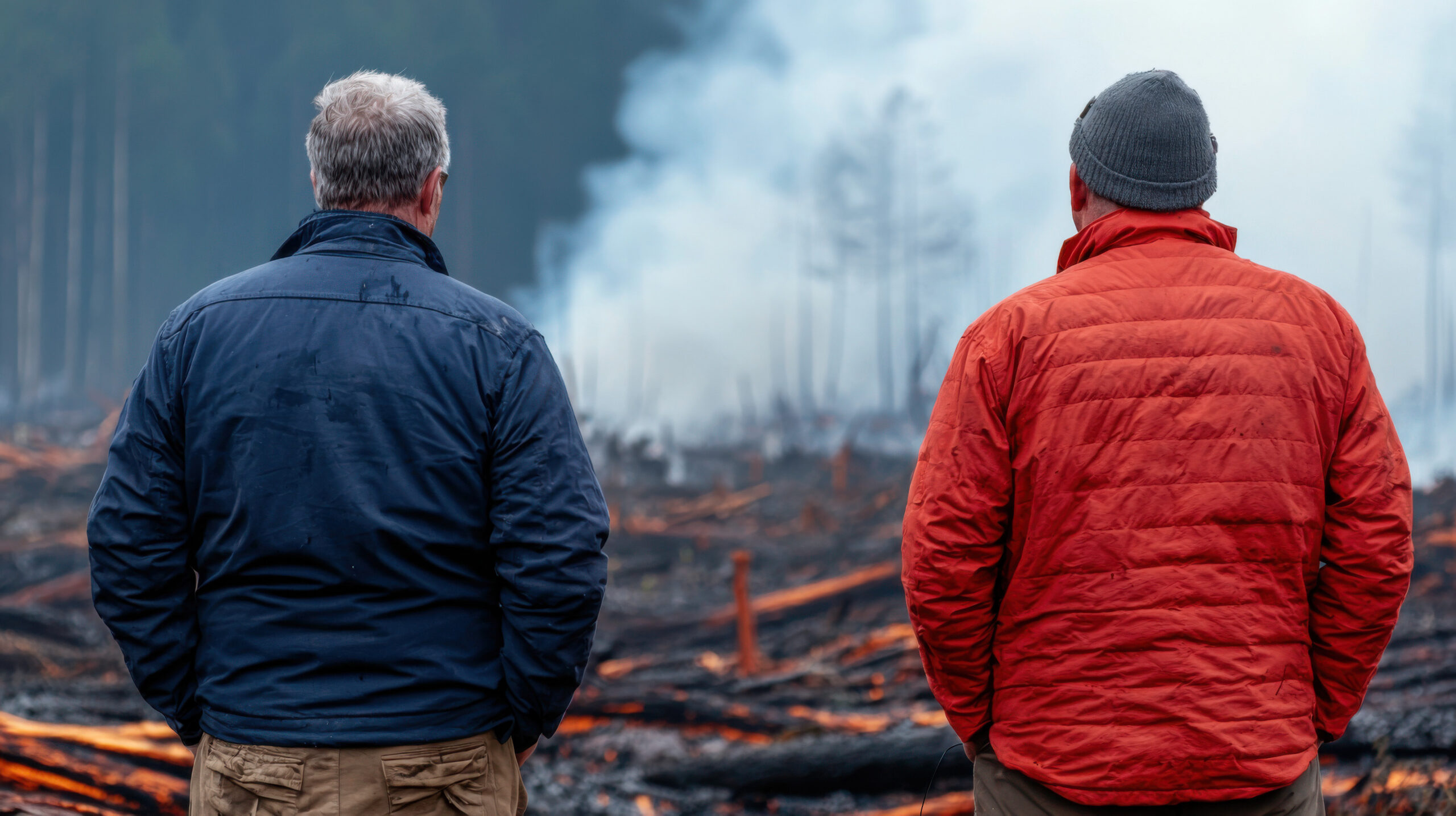 Two people standing looking at outdoor fire